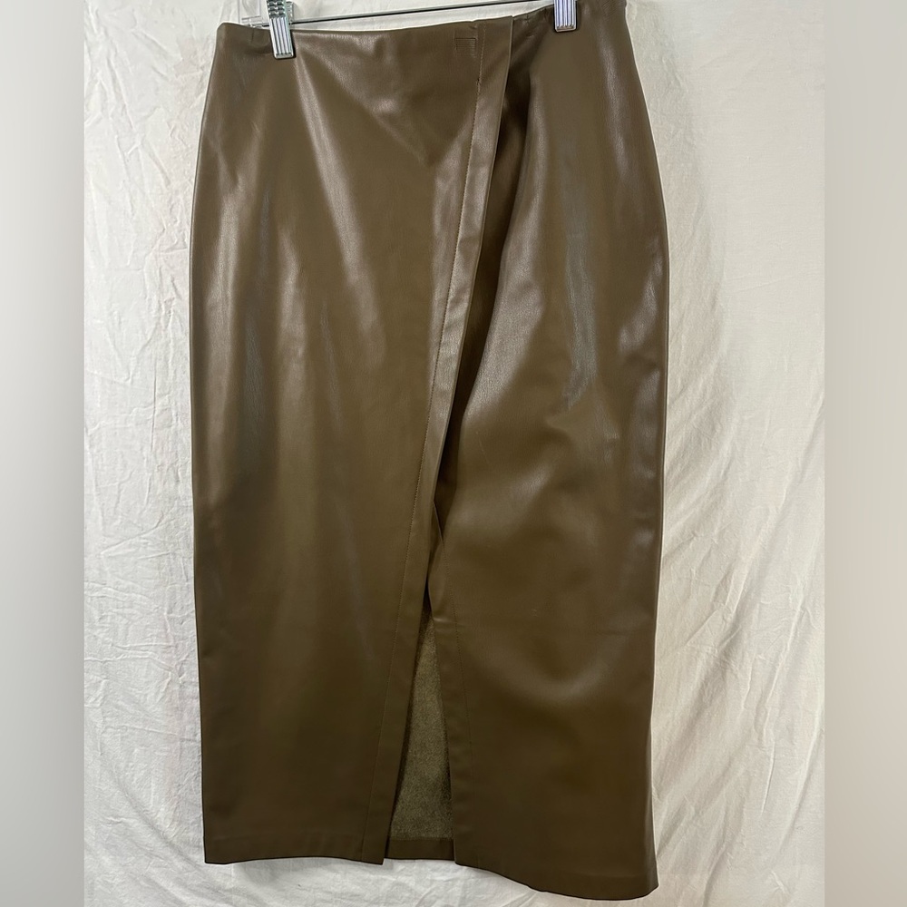 Zara Faux Leather Wrap Midi Skirt Brown NWT Size M Vegan Leather